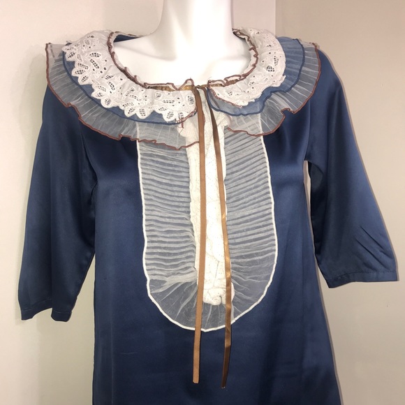 Chloe Cerulean Silk Ruffled Lace 3/4 Sleeve Dress - Picture 2 of 10